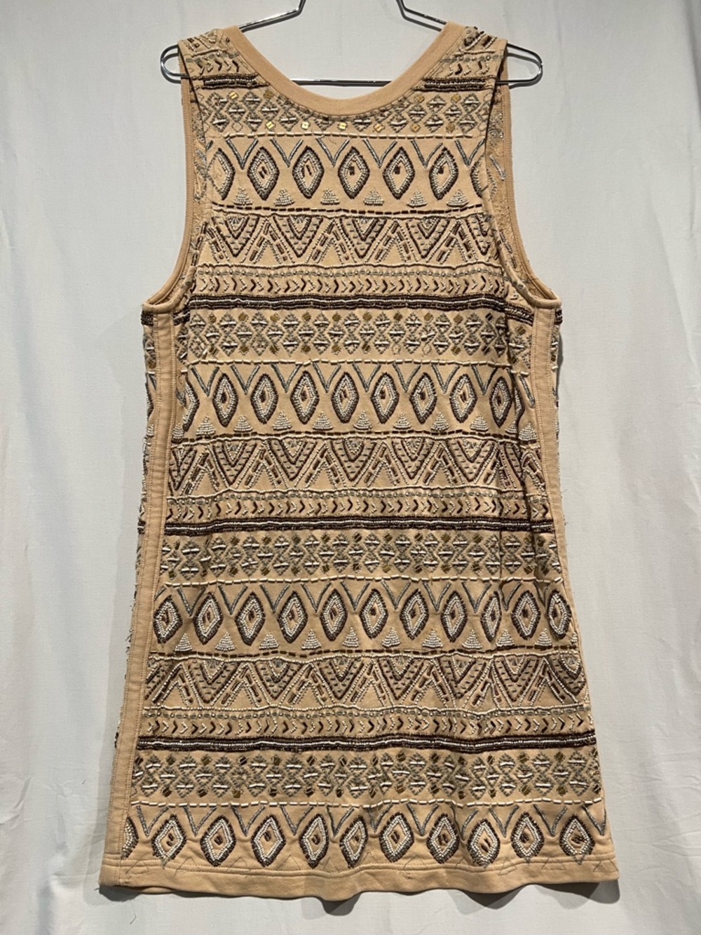 Free People Beaded Boho Tunic Mini Dress Tan Geometric Embroidered Size S